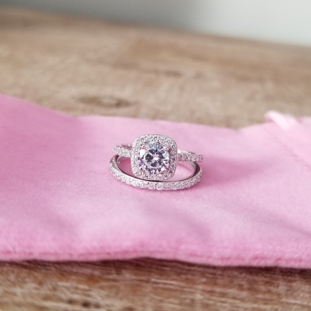 Sterling Silver Halo Simulated Diamond Ring Set - Picture 4 of 6